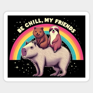 Sloth And Quokka Riding Capybara, Be Chill My Friends Magnet